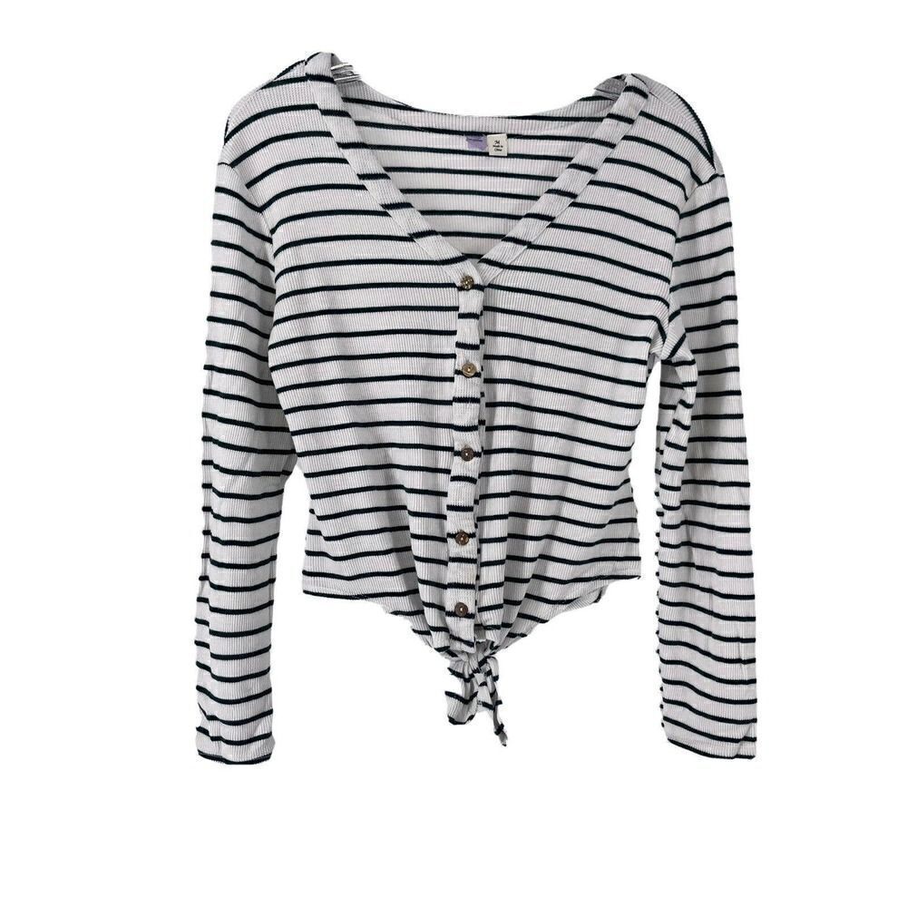 Tie Front V Neck Ribbed Top Long Sleeve White & Black Striped Preppy Alya Size M